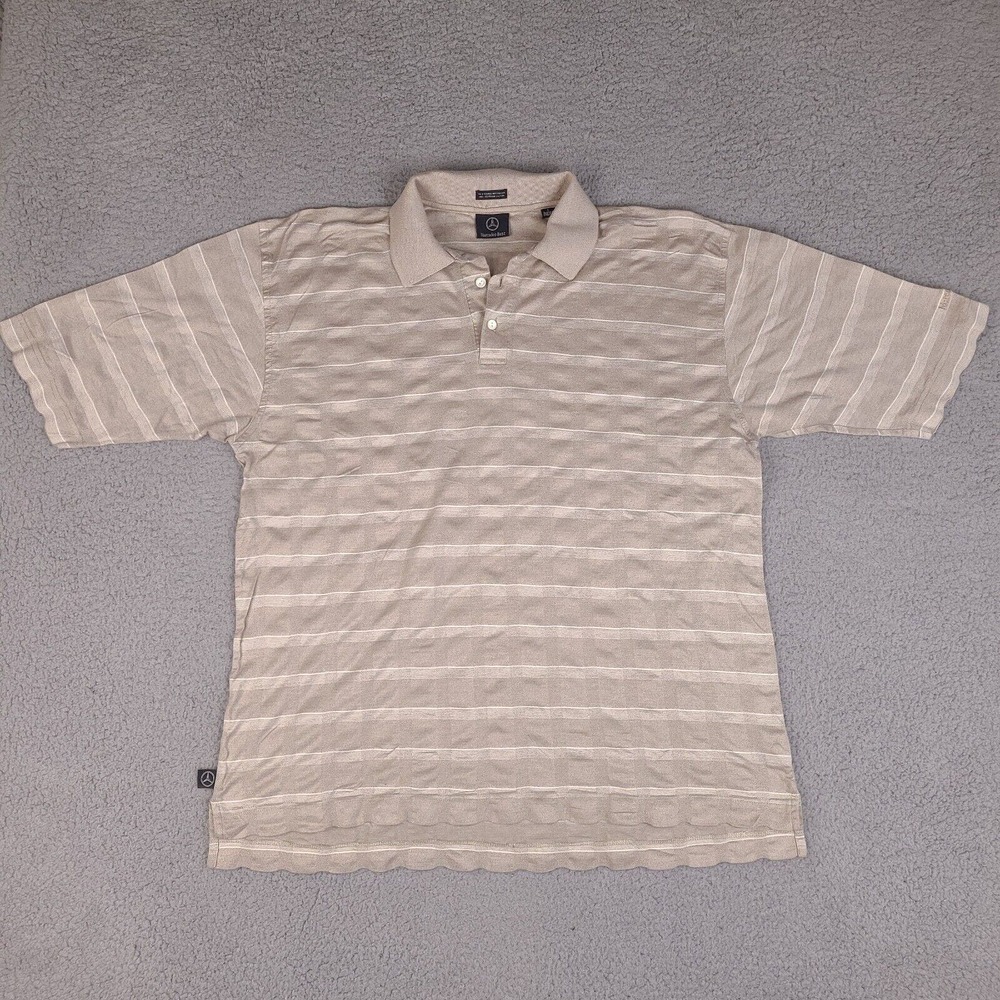 Mercedes Benz Polo Shirt Mens Large Brown Striped Short Sleeve Egyptian Cotton